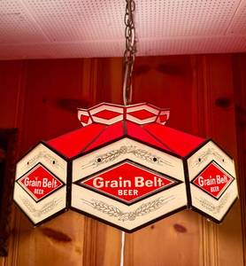 lot 51 image: Vintage Grain Belt Beer Red & White Tiffany-Style Hanging Light