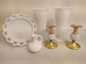 lot 47 image: White Milk Glass & Hobnail Vintage Decor Pieces