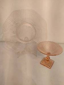 lot 48 image: Pink Depression Glass Candy Dish & Etched Serving Platter