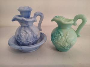 lot 81 image: Avon Pretty Blue & Green Milk Glass wSlag Effect Bath Oil Decanters