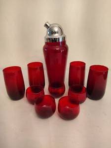 lot 100 image: Ruby Red Vintage Cocktail Shaker & Asst Glasses