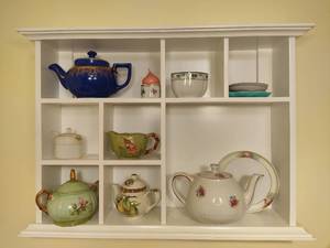 lot 190 image: White Wall Shelf wSmall Porcelain Teapots & Accessories
