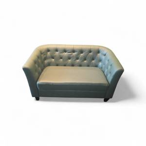 lot 28 image: Leather Loveseat Sofa in a grey-green color, featuring a button-tufted backrest and a retro-modern design style.