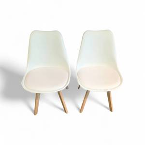 lot 33 image: modern dining side chair design, often featuring a white plastic shell seat, a foam-filled cushion, and sturdy wood legs.