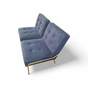 lot 50 image: 2 Luxury Upholstered Tufted Accent Chair featuring a navy blue velvet finish and gold metal legs.