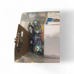 lot 97 image: Huge Bin of Office Supplies  2 New Bundles of Paper  100s of pens etc