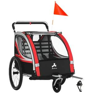 lot 133 image: Aosom 3-in-1 Bike Trailer for Kids, Running Stroller with 2 Seats, Jogging Cart with 5-Point Harness, Storage Units, Red