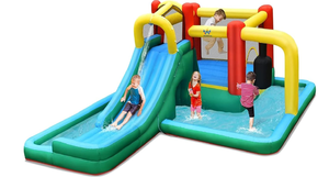 lot 56 image: BOUNTECH Inflatable Water Slide, Kids Water Slide Bounce House Wet Dry Combo for Outdoor Fun with Hide&Seek Cave, Splash Pool, Blow up Waterslides Inflatables for Big Kids Backyard (Used, A Bit Wet Needs Cleaning, No Blower)