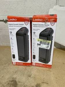 lot 208 image: LOT OF 2 Lasko 16 Digital Ceramic Tower Heater with Remote (black, model CT16670)