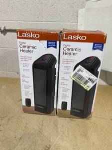 lot 209 image: LOT OF 2 Lasko 16 Digital Ceramic Tower Heater with Remote (black, model CT16670)