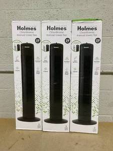 lot 220 image: LOT OF 3 Holmes 29� Manual Tower Fan with CleanBreeze Removable Grill, 3 Speeds, and 85° Oscillation, Black