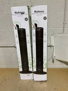 lot 221 image: LOT OF 2 Holmes 37 WhisperForce Tower Fan, CleanBreeze, ClearRead Display, Remote, Black