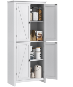 lot 40 image: HOMCOM 72 Freestanding Kitchen Pantry Cabinet, Farmhouse Tall Storage Cabinet with 4 Door Cabinets and Adjustable Shelves for Dining Room, White