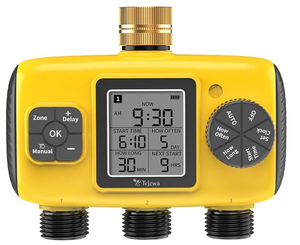lot 117 image: TRJZWA 3 Zone Sprinkler Timer for Garden Hose,Water Timer with 3 Independent Zone,Programmable Automatic&Manual Irrigation System with Brass Inlet,Rain Delay,IPX5 Waterproof,LCD Display for Yard,Lawn,Pool (Used)