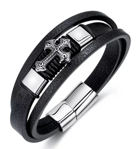 lot 86 image: Rhona Sutton Cross Black Leather Stainless Steel Bracelet (Tiny Crack But Still Clips Good, In Recycled Box)