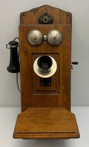 lot 1 image: Antique Oak Wall Phone With All Components