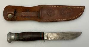 lot 46 image: EST. $125.00 - $275.00 1940s - 50s REMINGTON RH 51 Official Boy Scouts Knife &amp Leather Sheath With Boy Scouts Logo&nbsp (4 18 Blade)