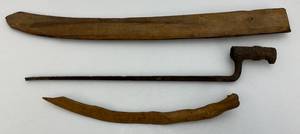 lot 57 image: Very Old Three Point Bayonet (Broken Tip), Wooden Sword Sheath And Hand Carved Wooden Knife With Inscription Dated 1902