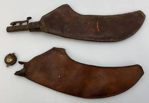 lot 66 image: Super RARE Antique CIVIL WAR Or Earlier Leather Black Powder Flasks