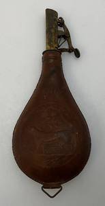 lot 67 image: Antique CIVIL WAR Leather Black Powder Flask With Embossed Dog Theme