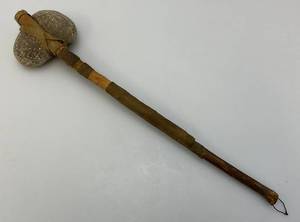Est. $800.00- $1,300.00 Antique Native American Stone War Club, Rawhide Wrapped Handle Early Plains Tribe 18"
