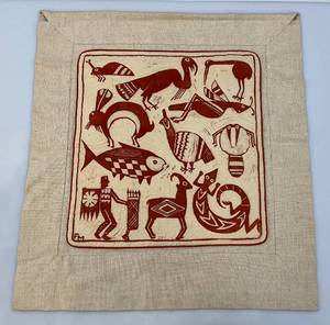 lot 84 image: Vintage Korhogo Cloth With Block Print Design Signed On Back By Makers 22 x 24