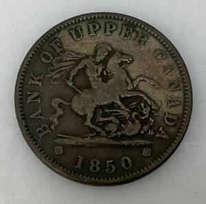 lot 93 image: RARE 1854 Canada Penny Bank St. George One Half Penny (Very Nice Condition)