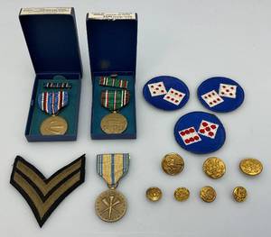lot 139 image: Vintage Military Metals One With Ribbon And One In Original Box & More