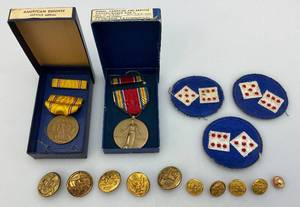 lot 140 image: Vintage Military Metals With Ribbons In Original Box & More