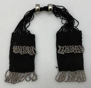 lot 141 image: Victorian Hand Knit Crocheted And Beaded Misers Purse C. 1890 Black And Silver