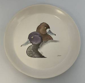lot 213 image: VERY RARE Bennington Potters Blue Bill Ducks Plate 10 12 Bennington Vermont #1669 YA White Agate Pottery (Nice Condition)