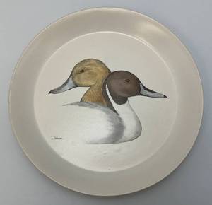 lot 214 image: VERY RARE Bennington Potters Pintails Ducks Plate 10 12 Bennington Vermont #1669 YA White Agate Pottery (Nice Condition)