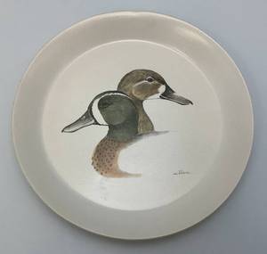 lot 215 image: VERY RARE Bennington Potters Blue Winged Teal Ducks Plate 10 12 Bennington Vermont #1669 YA White Agate Pottery (Nice Condition)