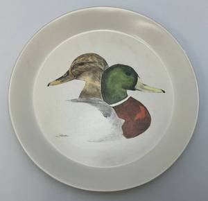 lot 216 image: VERY RARE Bennington Potters Mallard Ducks Plate 10 12 Bennington Vermont #1669 YA White Agate Pottery (Nice Condition)