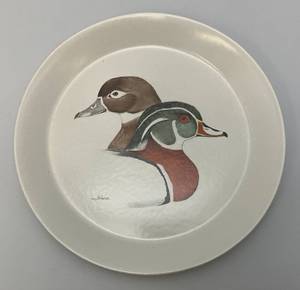 lot 217 image: VERY RARE Bennington Potters Wood Ducks On Plate 10 12  Bennington Vermont #1669 YA White Agate Pottery (Nice Condition)