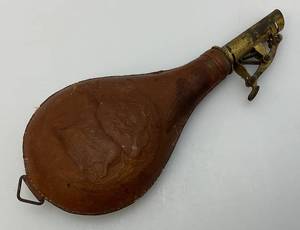 lot 240 image: Antique CIVIL WAR Leather Black Powder Flask With Embossed Dog Theme