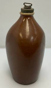 lot 248 image: Unusual Antique Redware Pottery 3 Sided Hot Water Bottle 12 Crock With Metal Stopper