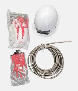 lot 10 image: Milwaukee equipment including a hard hat, mask, and a replacement cable for a snake.