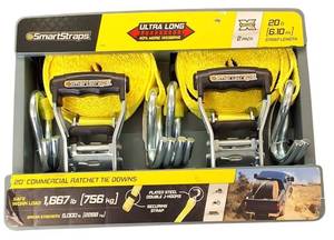 lot 32 image: Smart Straps  Ultra Long 2-Pack, 20 ft. & 1,667 lb Safe Load Commercial Ratchet Tie Downs