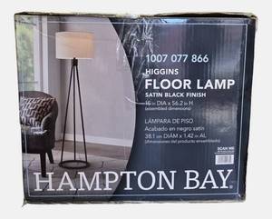 lot 64 image: Hampton Bay Higgins Black Tripod Floor Lamp.