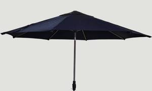 Beautiful navy blue patio umbrella, standing 8 feet tall and expanding from 10 to 12 feet wide