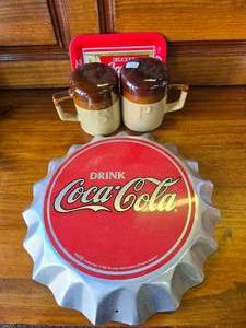 lot 1 image: Coke Lot. Tin Sign, Tiny Tin Sign and Salt and Pepper Shakers