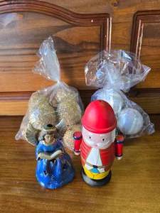 lot 5 image: Nutcracker, Angel Candle Holder, Precious Memories Balls, and Glitter vintage Christmas Balls