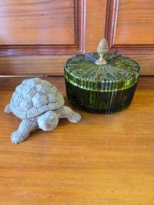 lot 28 image: Little Turtle Keep-All and Glass Candy Jar with Lid