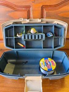 lot 31 image: 3 Bass Frogs and a Plastic Tackle Box