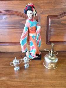 lot 34 image: Japanese Doll, Salt & Pepper, and Vintage Small Brass Oil Can