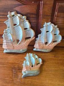 lot 80 image: 1964 Miller Studio Sailing Ships Chalkware Wall Plaques Set of 3