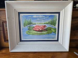 lot 81 image: Frog Print with Nice White Wood Frame