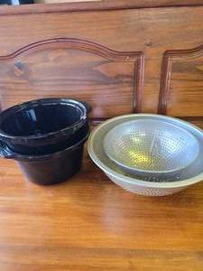 lot 89 image: 2 Crocks that Went Into a 3 Pot Crockpot, and 2 Strainers