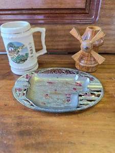 lot 94 image: Vintage Collectibles. Kansas Ashtray, Wood Windmill, and Grants Farm Mo Mug